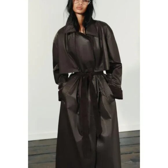 ZARA LONG WAXED TRENCH COAT WITH CORDUROY CUFFS - Picture 5 of 10